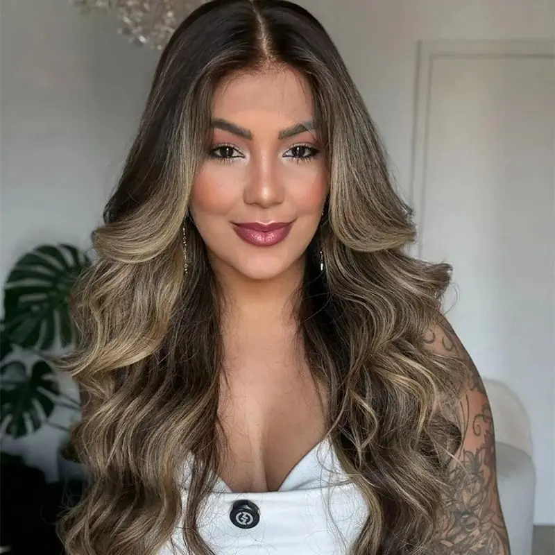 أومبير امرأة سمراء براون يسلط الضوء على الاصطناعية HD الدانتيل الجبهة الباروكات الطبيعية طويلة الجسم موجة شعر مستعار جاهز للشحن المصنع الأصلي شعر مستعار رخيص #4