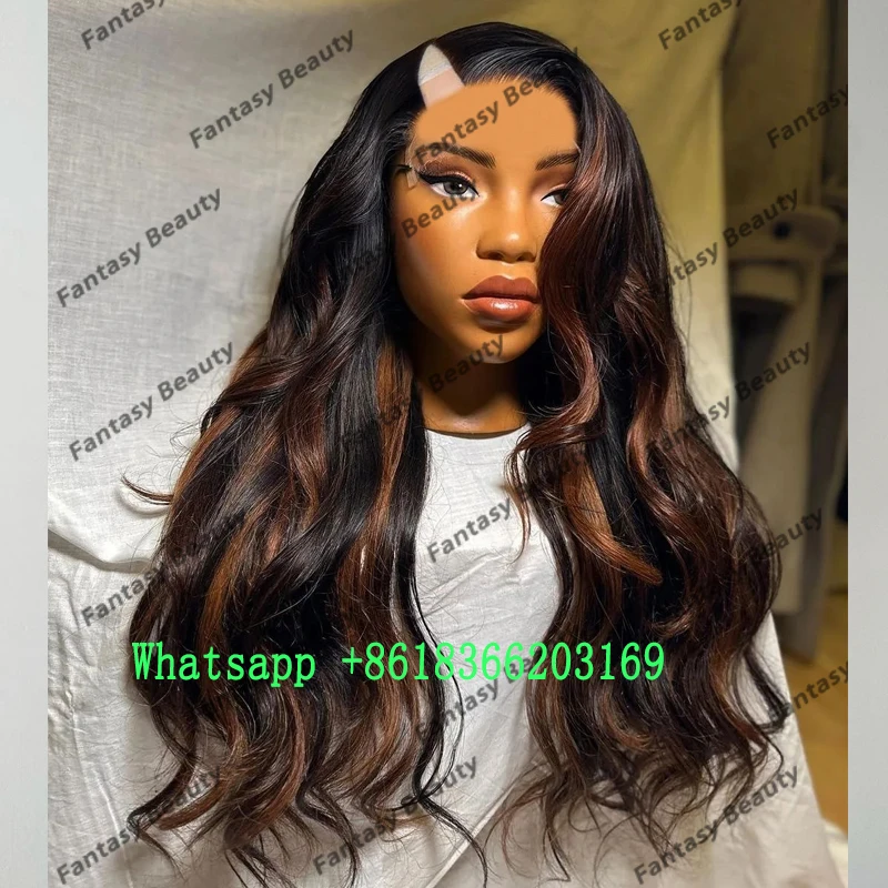 

Slight Wavy Highlight Chesunut Brown Blonde Remy Human Hair Opening U Part Wigs for Black Women 200Density Full Machine Made Wig