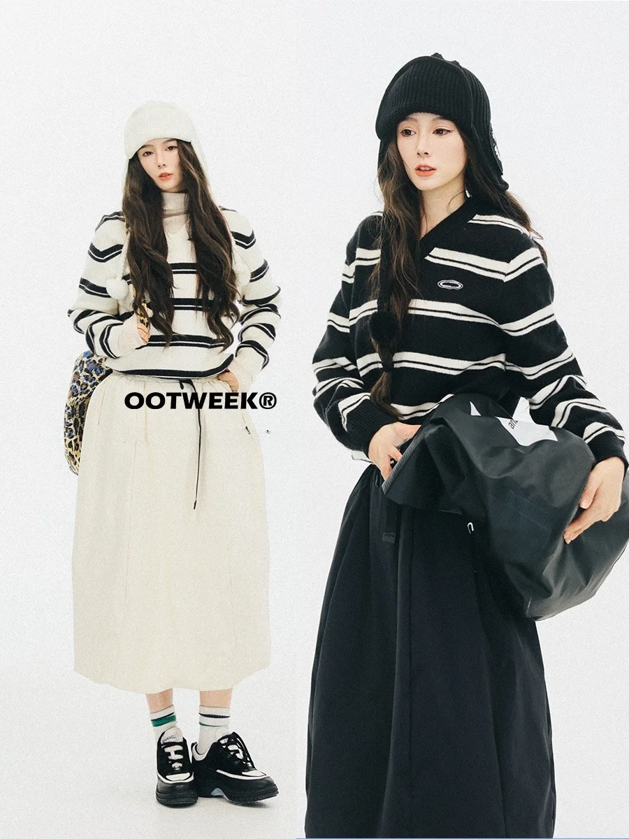 

Оригинальный дизайн, японский полосатый вязаный свитер с V-образным вырезом, осенне-зимний, универсальный, My006, теплый, толстый, с длинными рукавами, пуловер с круглым вырезом