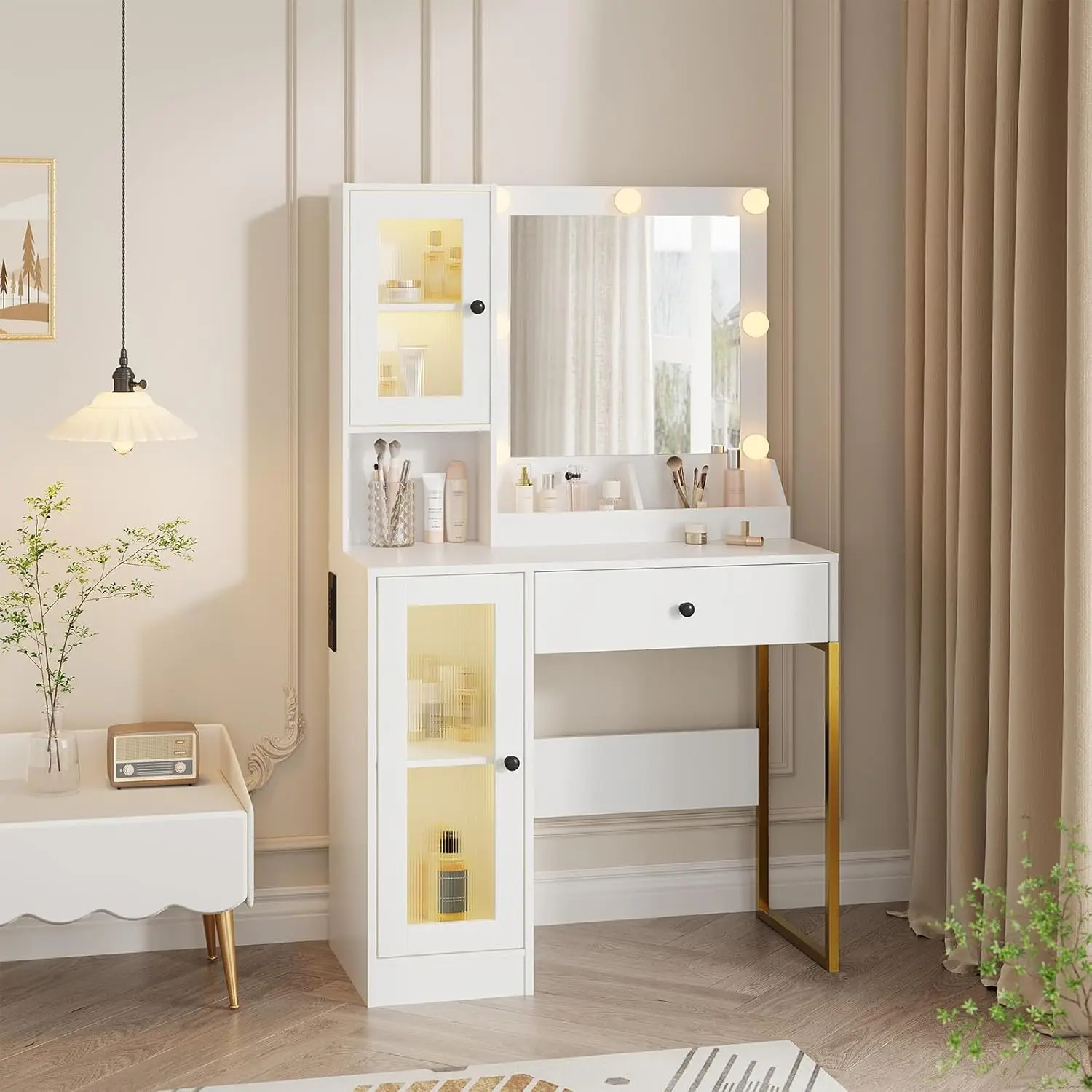 مكتب مكياج مع أضواء ومرآة - طاولة تزيين مع لمبات LED قابلة للتعديل ومنافذ USB ومنافذ تيار متردد وأدراج وخزانة