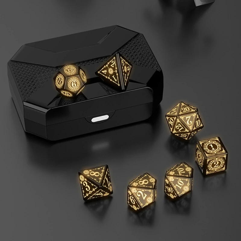 

7 Pcs Rechargable Glowing Polyhedral Dices LED Warm Light Electronic Dices with Charging Box Table Game Dices Durable