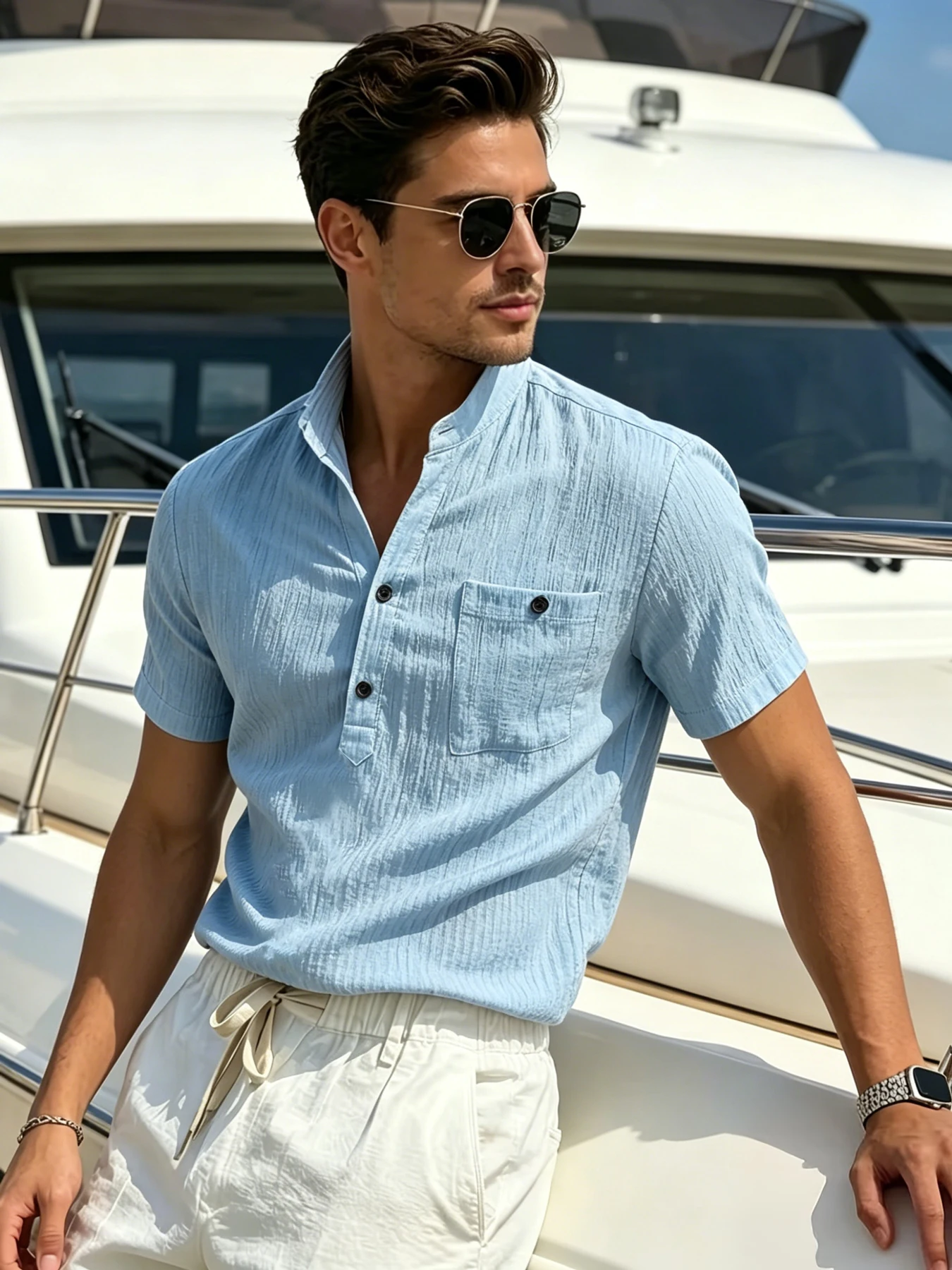 Men Mature Business Textured Stand Collar Shirt, Henley Placket, Subtle Premium Texture, Breathable Top for Office Commute &