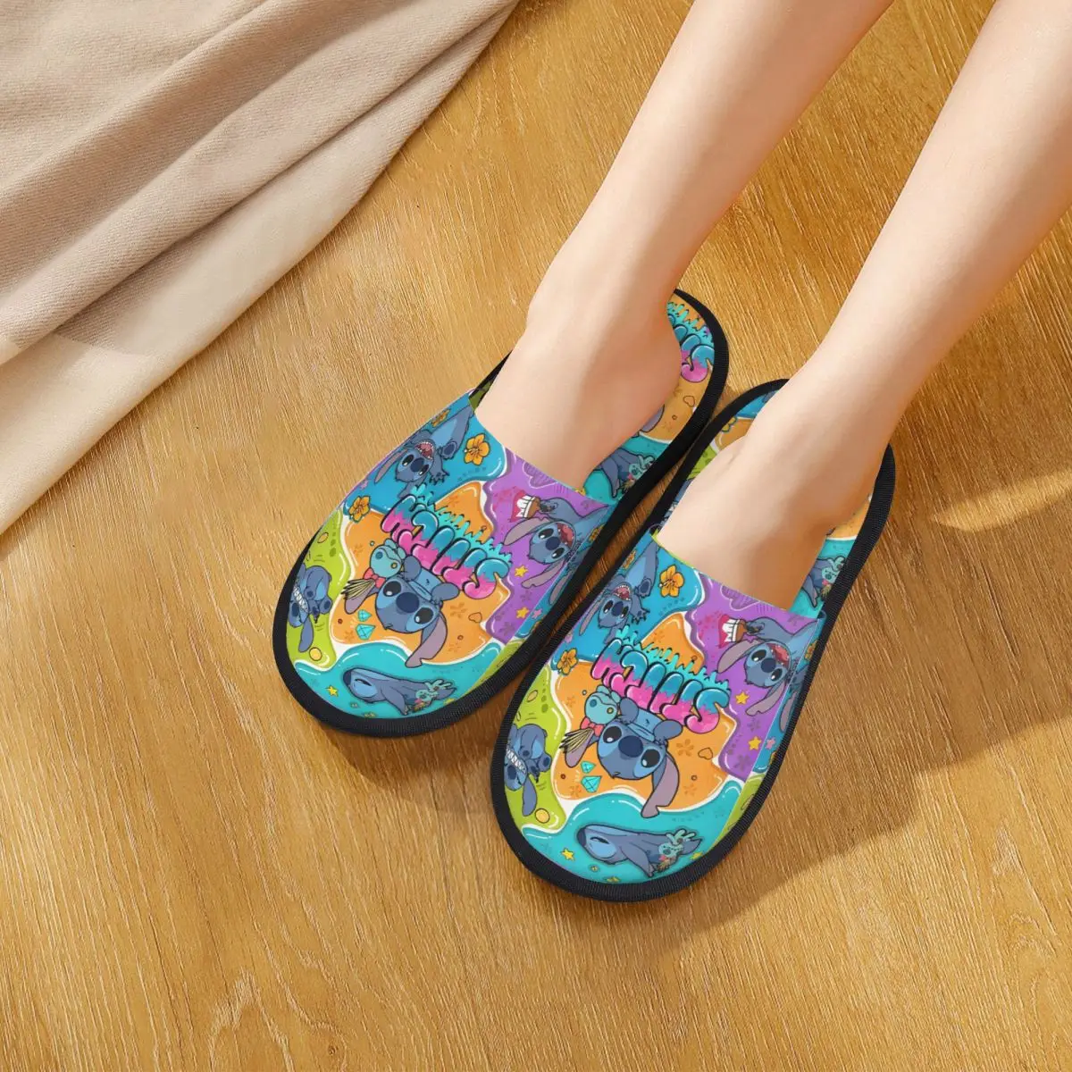 Winter Slippers Stitch Cute Cartoon Merch Household Fur Slippers Slides Living Room Cozy Anti-skid Slides