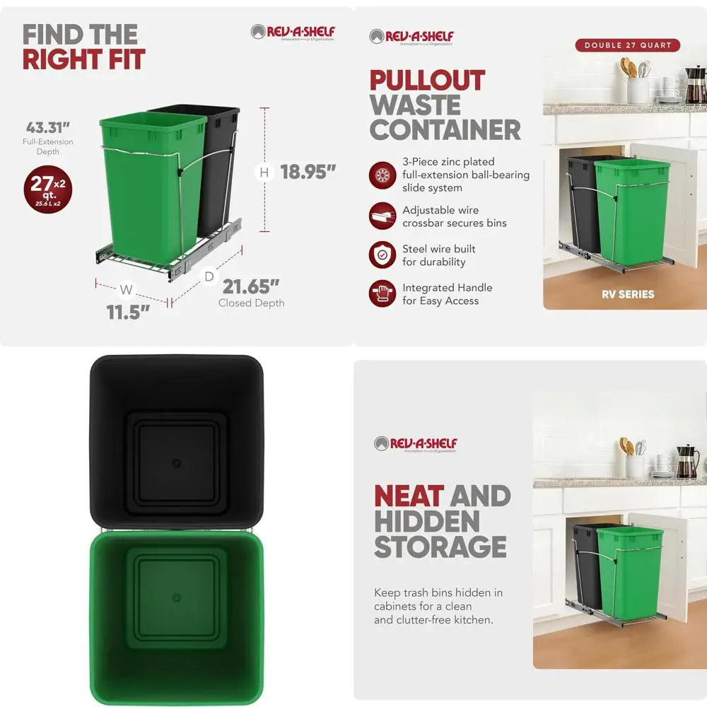 

Pull-Out Trash Can with 27 Qt Capacity, Green and Black, Extendable Slide-Out Bin for Kitchen Recycling