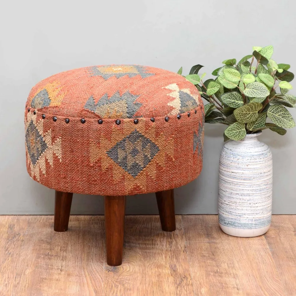 Pouf Ottomans en Jute Kilim fait à la main, tabouret de siège en bois pour salon, chambre (16" P x 16" L x 16" H) (rouge)