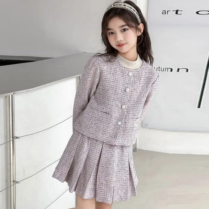 2026 OL Autumn Winter Girls Kid cardigan Child Outfits Teenager Suit Set Slim Blazer Jacket Top + Pleated Skirt 4 5 10 12 Year