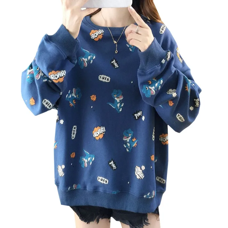 

Cartoon Harajuku Blue Dinosaur Printing Female Pullover Spring Autumn Thin Long Sleeve Oversized Loose Hip Hop Women Sweatshirt