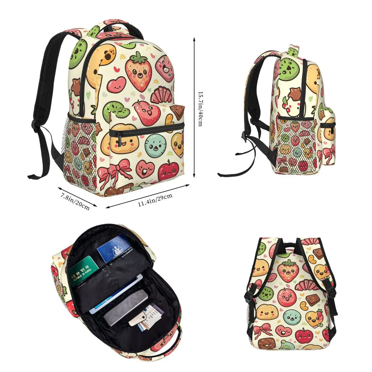 Kawaii Food Delights Seamless Watercoolour Backpacks Bookbag Children School Bag Kids Rucksack Lunch Bag Pen Bag Three-Piece Set