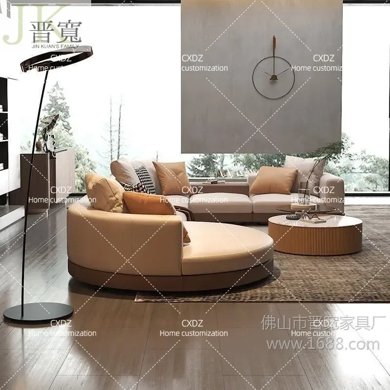 Minimalist Leather Fabric Sofa Light Luxury Living Room Large Flat Floor Villa Arc Shaped Sectional Couch Modern Home