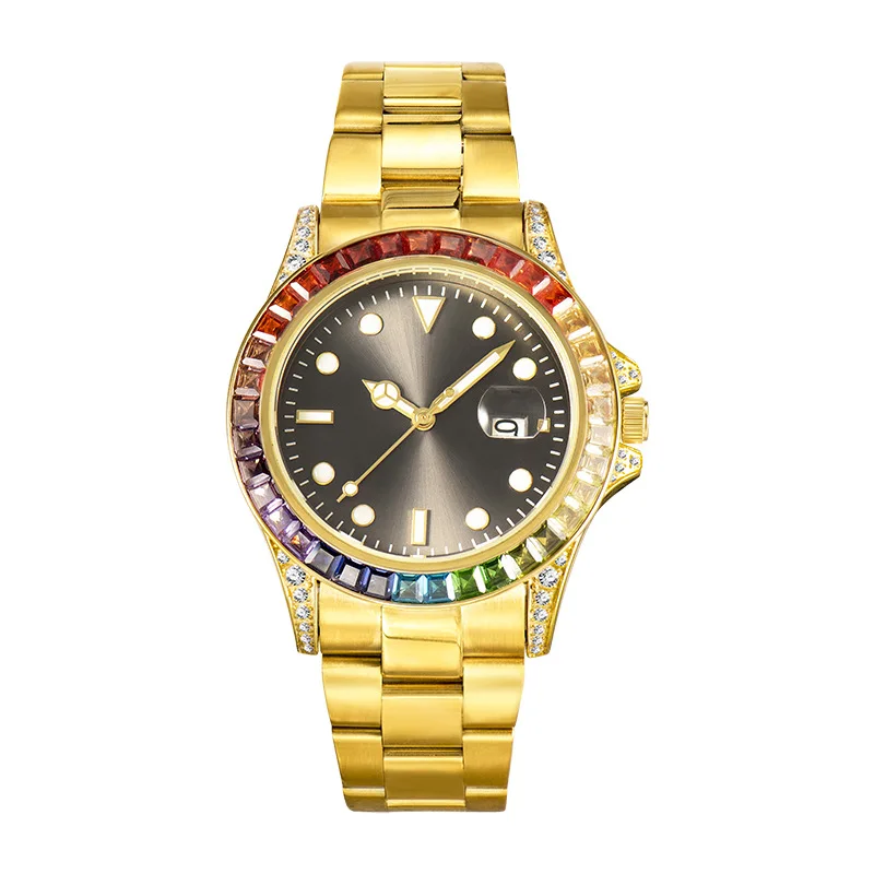 Gold Stainless Steel Waterproof Men's Quartz Watch Hip-Hop Luxury Luminous Round Exquisite Diamond Male Watch.