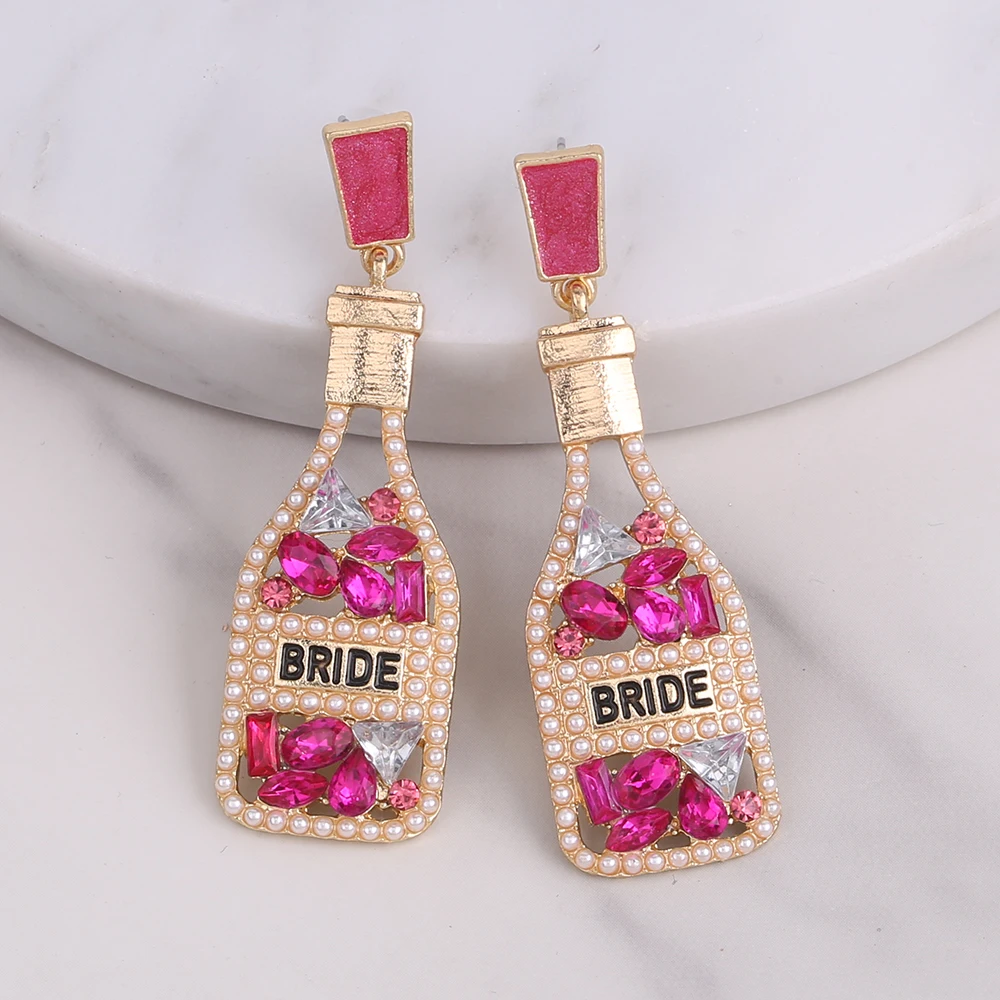 Champagne Bottle Women Earrings Statement New Design BRIDE Letter Drip Oil Dangle Earrings For Women Fashion Jewelry Wholesale