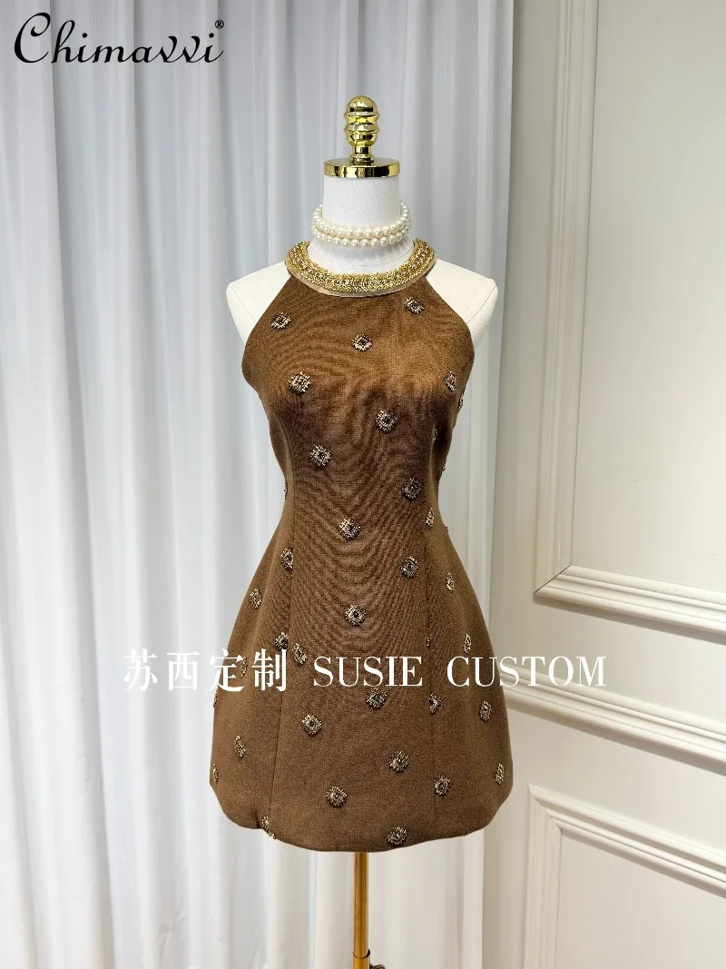 

High-End Fashion Retro Heavy Beading Rhinestone Decor Halter Neck Slim Fit Bodycon Dress Women's Sleeveless Short Party Dress