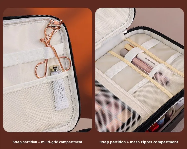 Doppelschichtige Handtasche aus PU-Leder für Make-up, Große Kapazität Reise-Kosmetikorganizer, Toilettentasche für Schönheitsprodukte, Damen – Detail 6