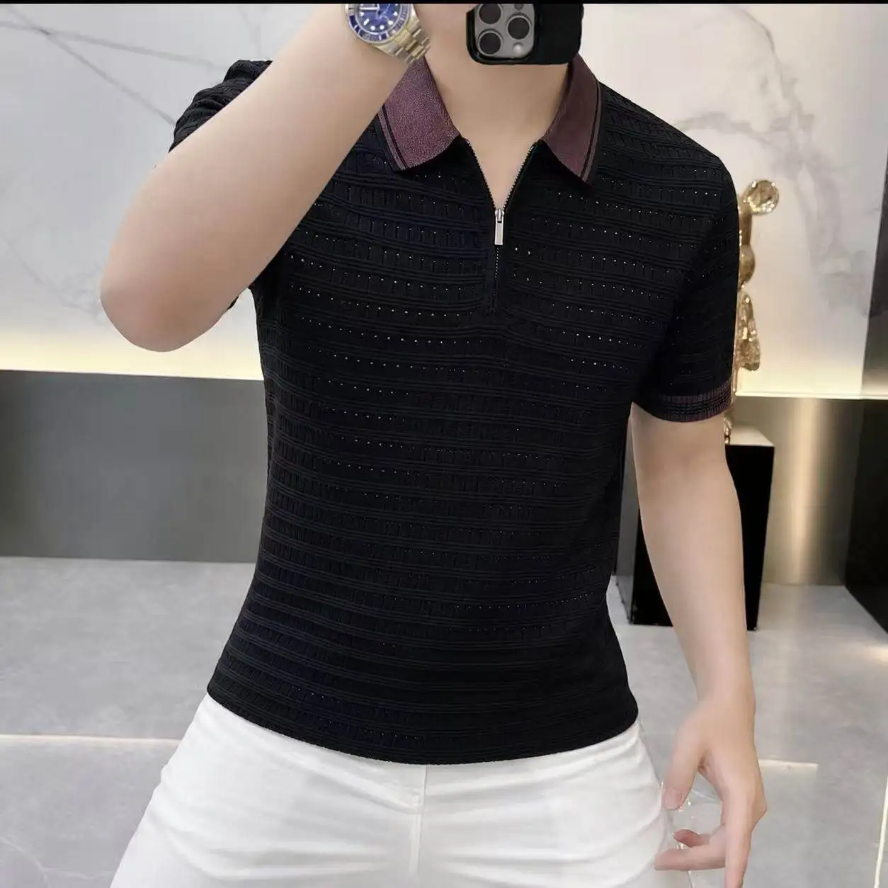British Style Summer Zipper Polo Shirts Men's Short Sleeved Knitted Slim Fit T-shirt Trendy Breathable Casual Business POLO Top