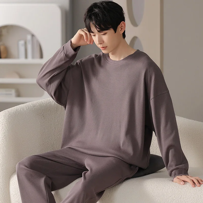 

Pajamas men's new spring and autumn knitted cotton 180k round neck casual large size khaki long-sleeved home clothes 2-piece set