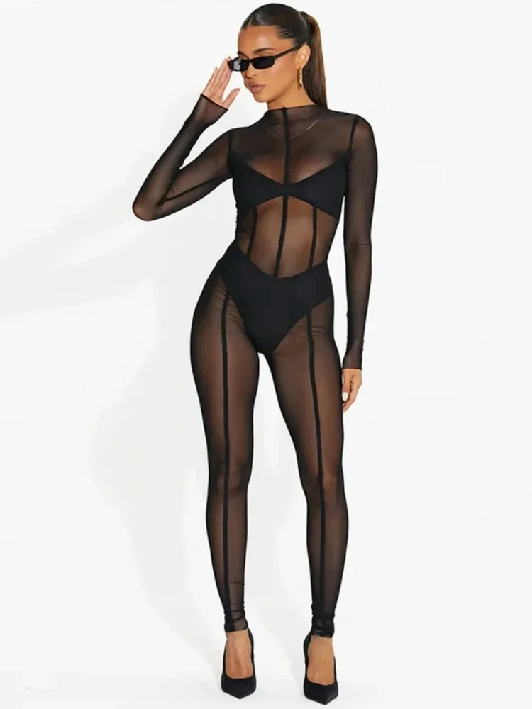 See Through Black Jumpsuit Long Sleeve Bodycon One Piece Outfit Women Sexy Combinaison Femme Mesh Patchwork Enterizos Para Mujer