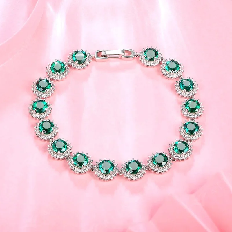 Vintage Real 925 Sterling Silver Emerald Gemstone Lab Diamonds Strand Bracelet for Women Romantic Tennis Chain Charm Bracelets