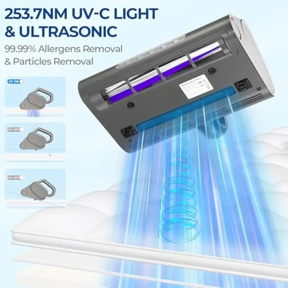 Mattress Vacuum Cleaner UV-C Light HEPA Filter 140℉ Heating 500W 15Kpa Strong Suction Lightweight Portable Washable Filter