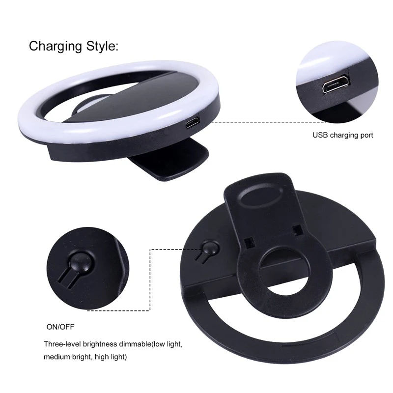 Selfie Mini Ring Fill Light Flash LED Rechargeable Portable Clip-on 3 levels Lighting for Phone Tablet Laptop