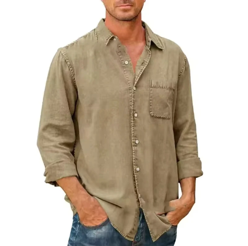 2026 Autumn Men's Tooling Shirt Solid Color Lapel Long Sleeve Street Daily Button Up Shirt Wash Water Shirt Top S-4XL