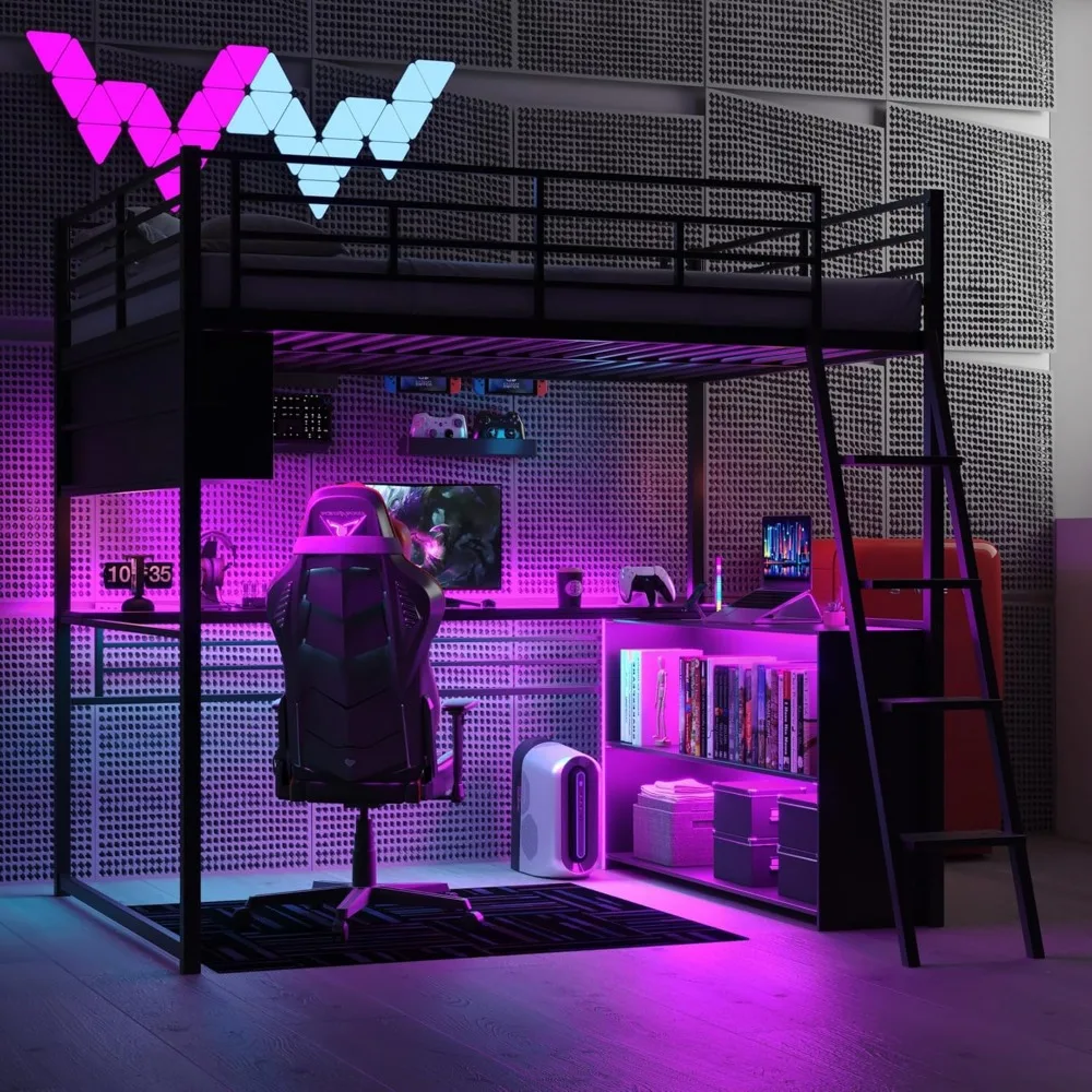 Full Metal Loft Bed with Desk and LED Lights, Full Size Loft Bed with L Shaped Desk & Storage Shelves for Teens Adults Black