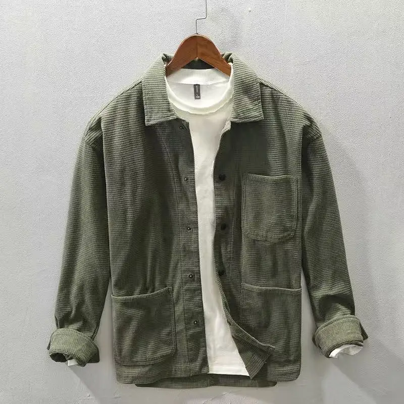 

Новая весенне-осенняя рубашка-куртка 2026 года в вафельную клетку, повседневная, с карманами, в стиле ретро, японская, с длинным рукавом, свободного кроя