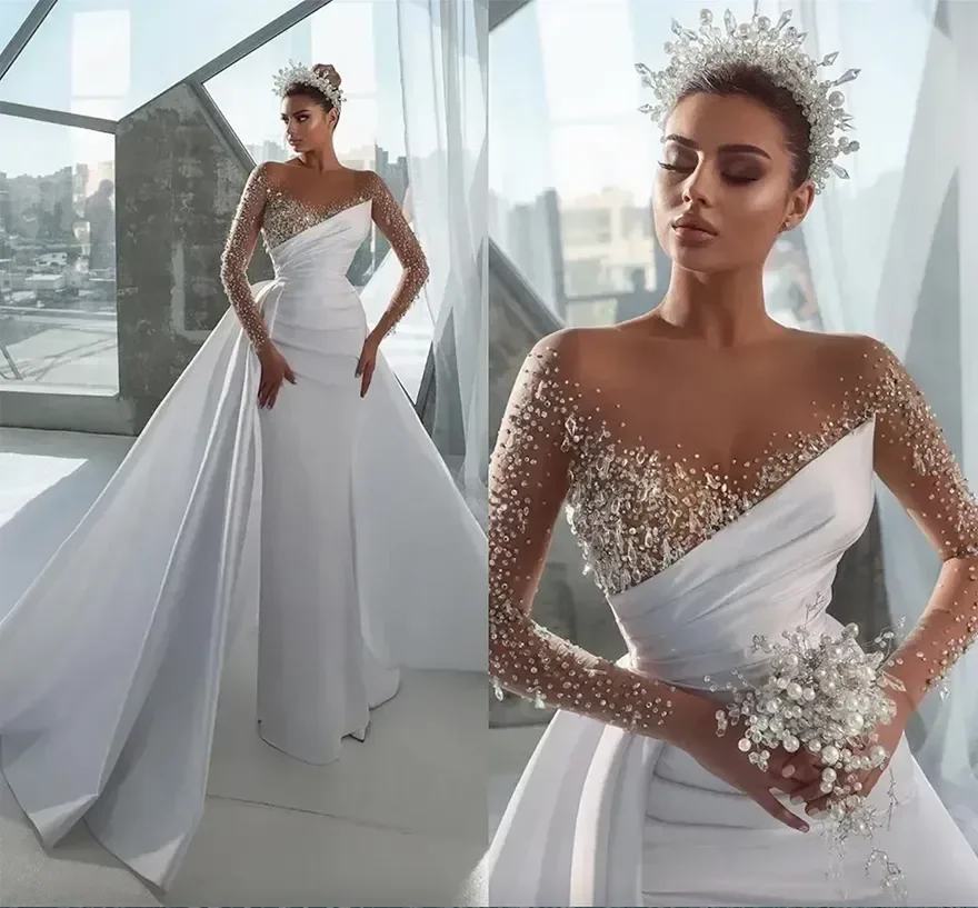 

Custom Sexy Sheer Long Sleeve Crystals Jewel Neck Mermaid Wedding Dresses Beads Arabic Dubai Bridal Gowns with Detachable Skirt