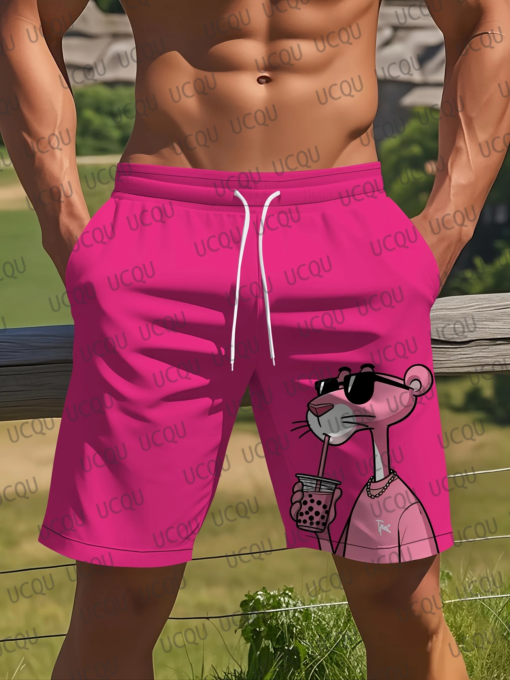 Pantaloncini da spiaggia con stampa cartoon 3D da uomo Costume da bagno casual estivo con pantaloncini casual da vacanza traspiranti ad asciugatura rapida con gatto rosa giocoso