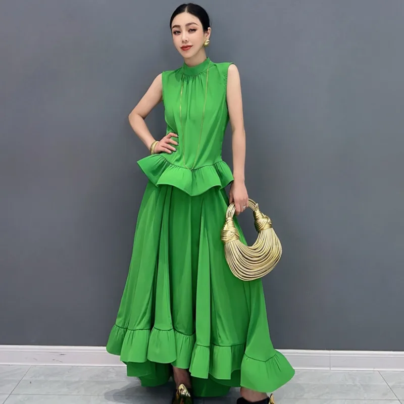 Vefadisa Newest 2024 Summer Green Women Sets Sleeveless Ruffle Edge Top Large hem Long Skirt Two pieces Dress Sets HLX064