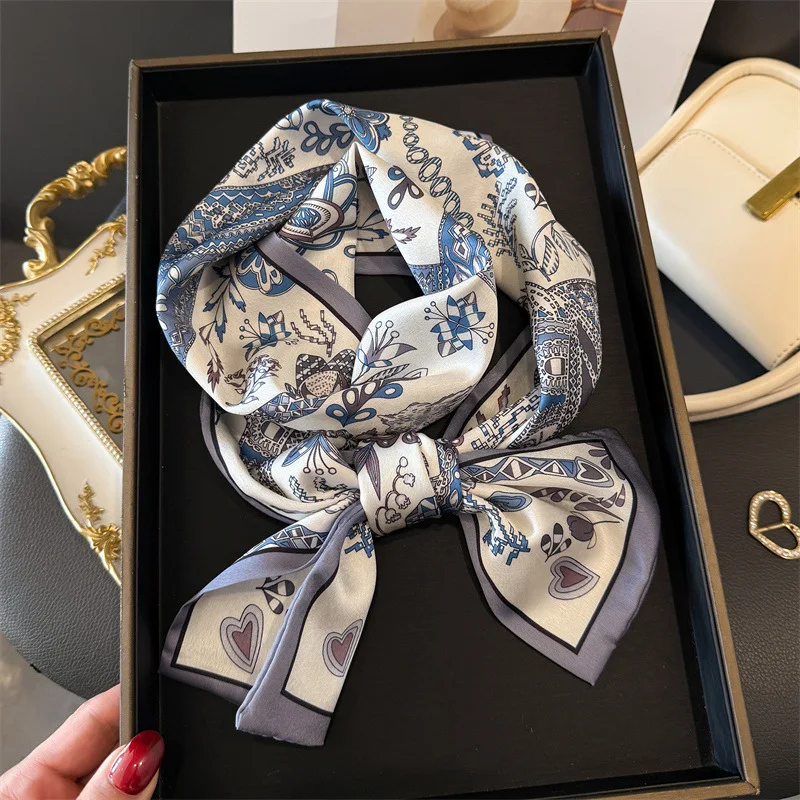

Новый женский атласный шарф с цветочным принтом, шаль, модные роскошные длинные узкие маленькие шарфы, женская повязка на голову, платок