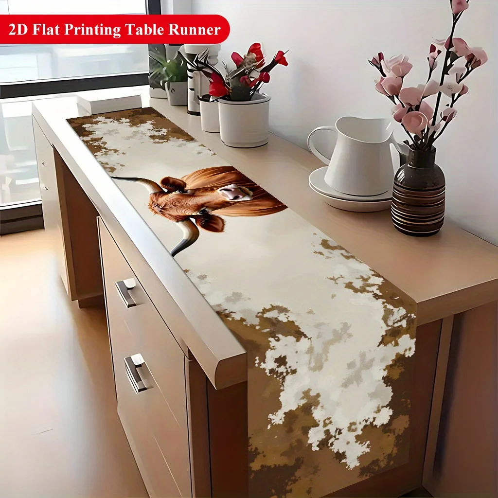 1pc 2D Flat Table Runner, Brown Cow Looking Forward Printed Rectangle Table Runner, Decor for Dining Table, Coffee Table