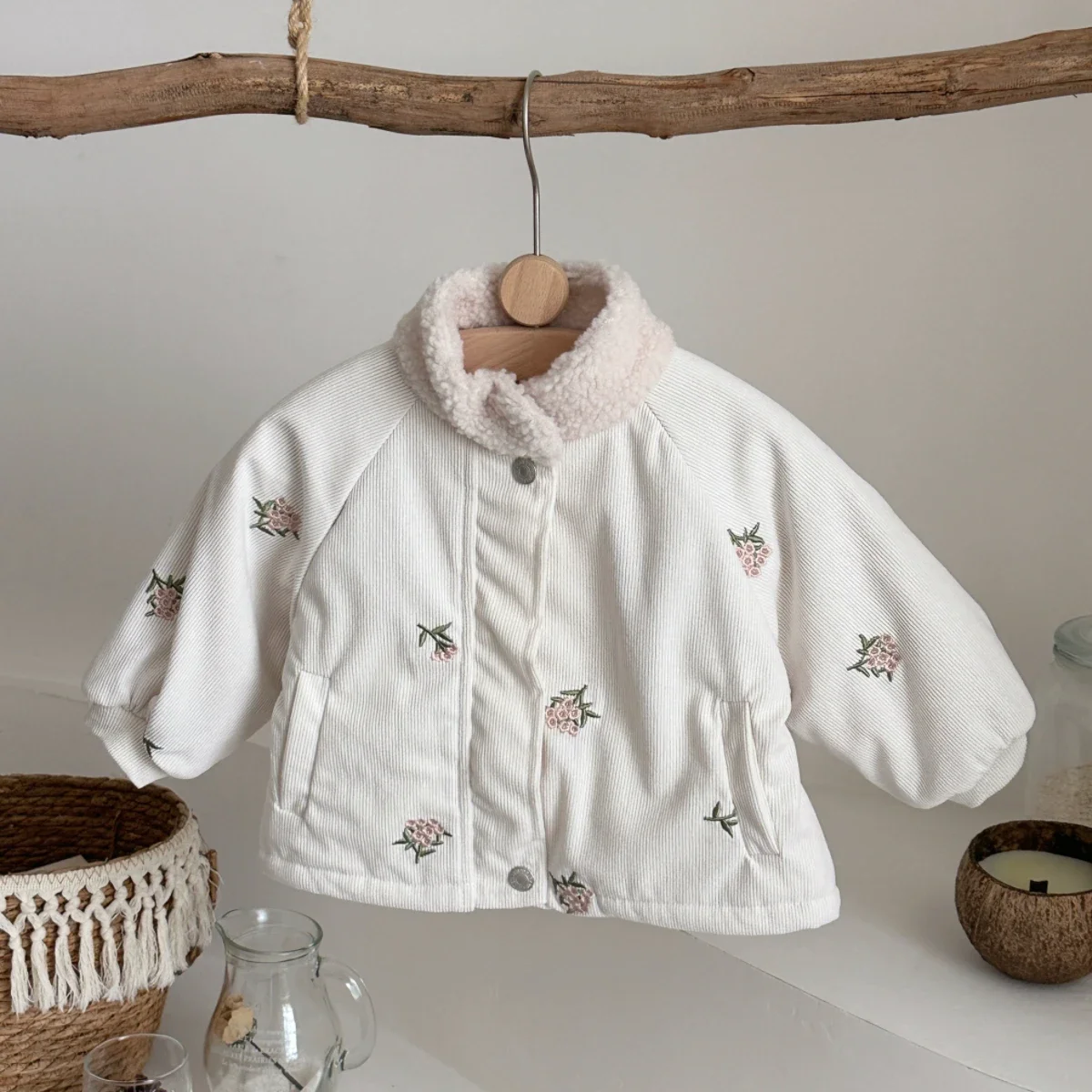 Baby Girls Warm Jackets Fur Collar Zipper Button Pocket Coat Autumn Winter Plush Thickened Children Outerwear