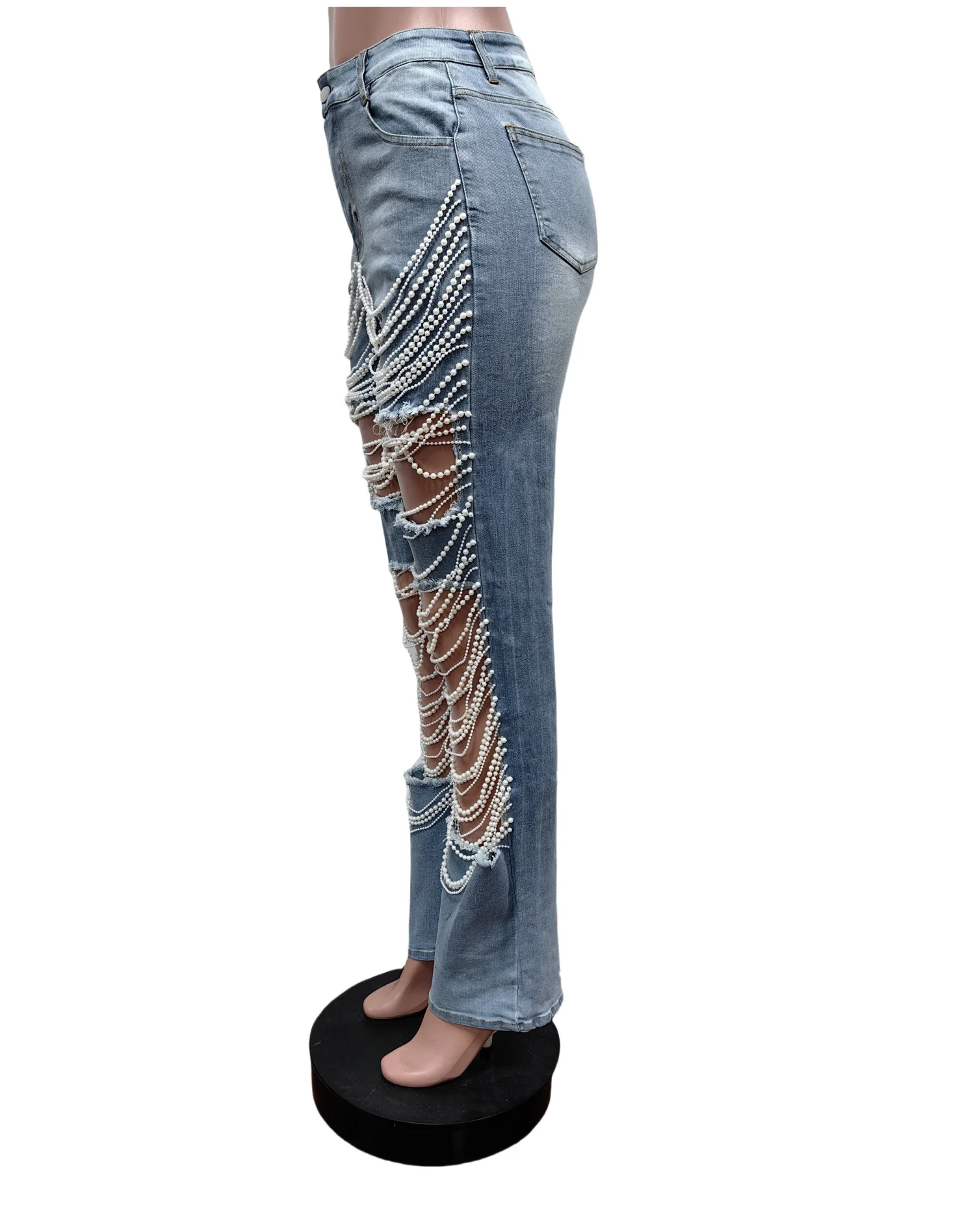 New Women\'s Jeans 2024 Summer Ripped Pearl Chain Embellished Comfortable Solid Color Straight Leg Pants For Ladies