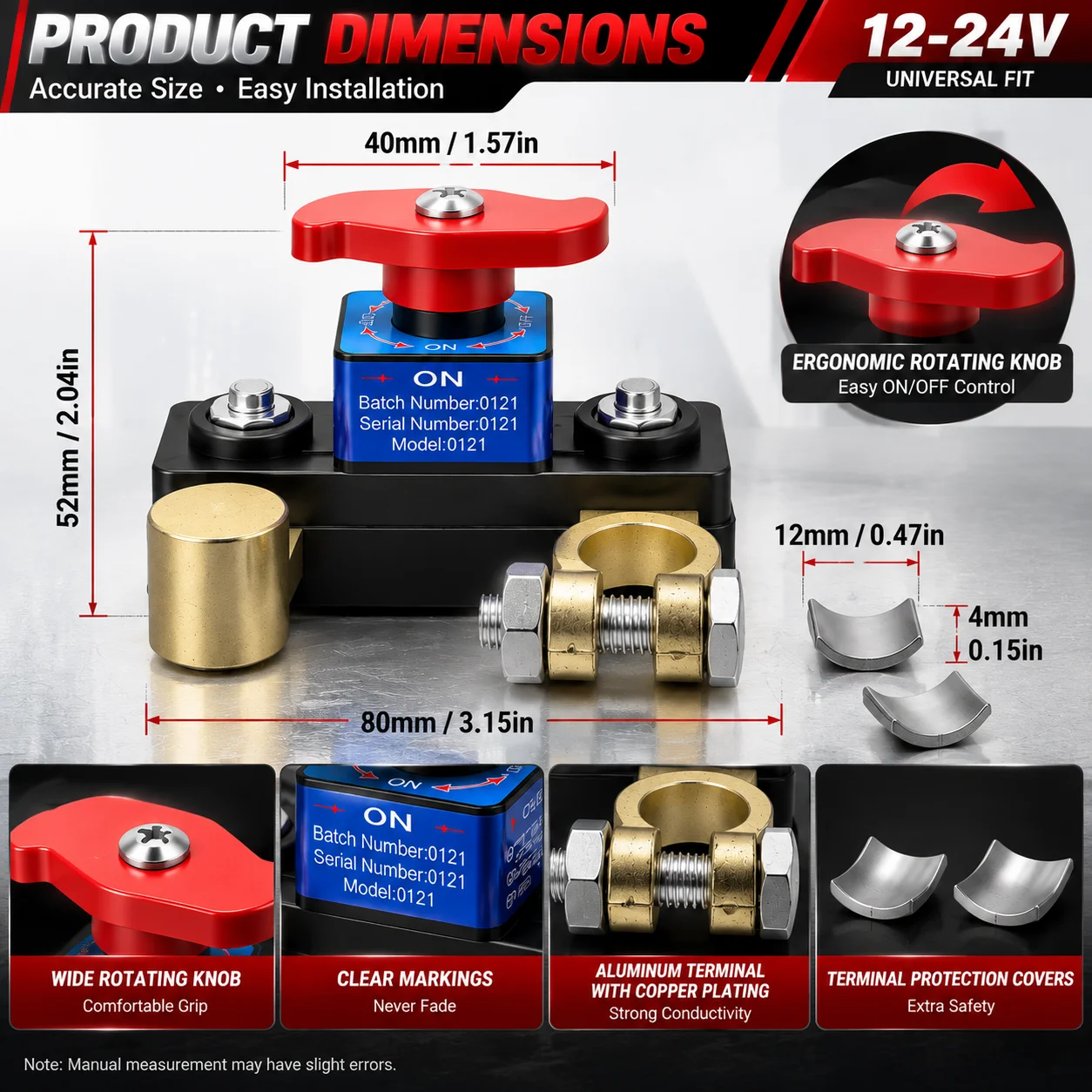 12V 24V Battery Disconnect Switch Negative Terminal Cut Off Switch Aluminum Copper Plated Clamp Car Truck RV Marine Power Isolat