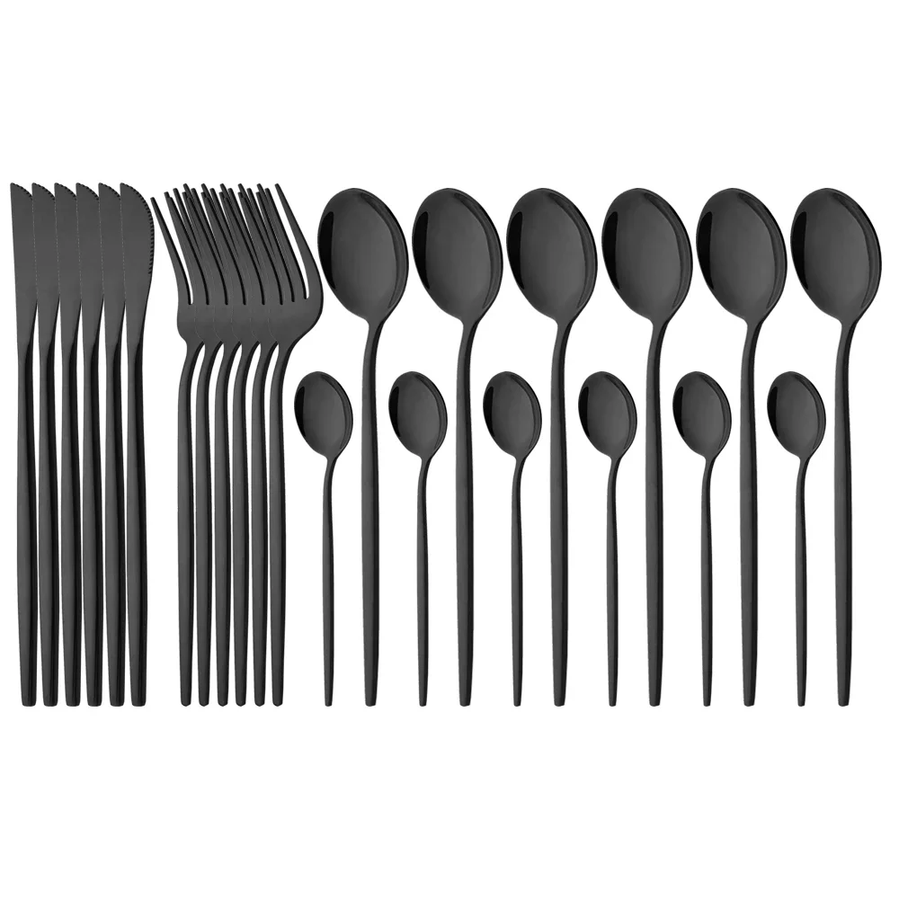 24Pcs Cutlery Set Black Tableware Stainless Steel Mirror Dinnerware Dinner Tea Spoon Fork Knife Western Silverware Flatware Set