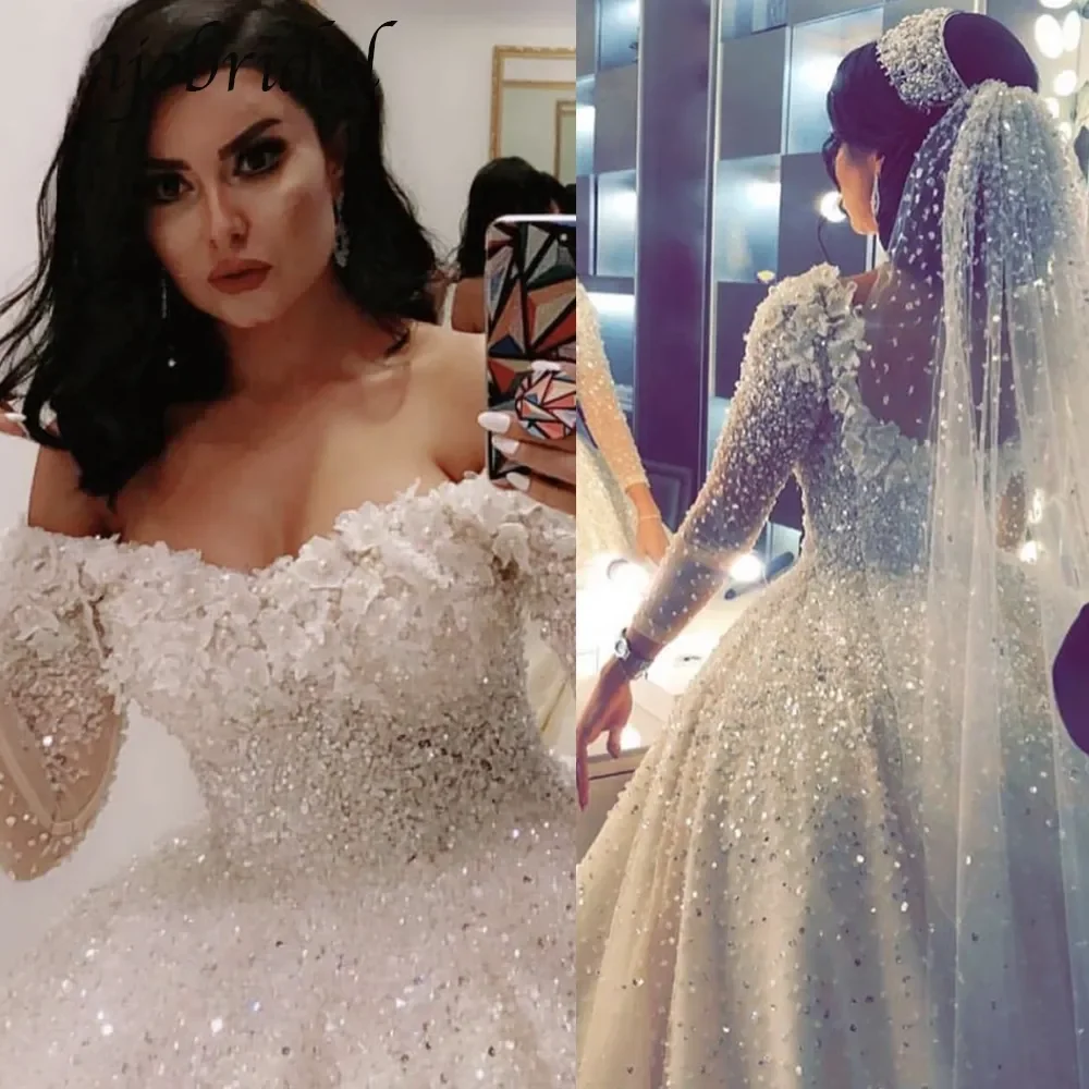 Customized 3D Handmade Flowers Off the Shoulder  Wedding Dress Sweep Train  Robe De Mariée Sparkly Beads Crystals   Bridal Gown