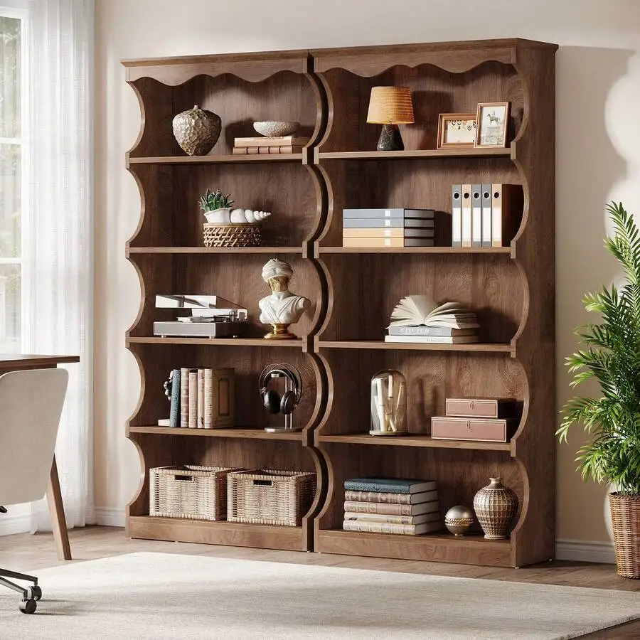 LITTLE TREE 70 Inch Tall Bookcase – 5-Tier Open Bookshelf With Curved Edge Design, Wood Vintage Large Book Case, Free-Standing Display Shelves With Storage For Living Room, Home Office