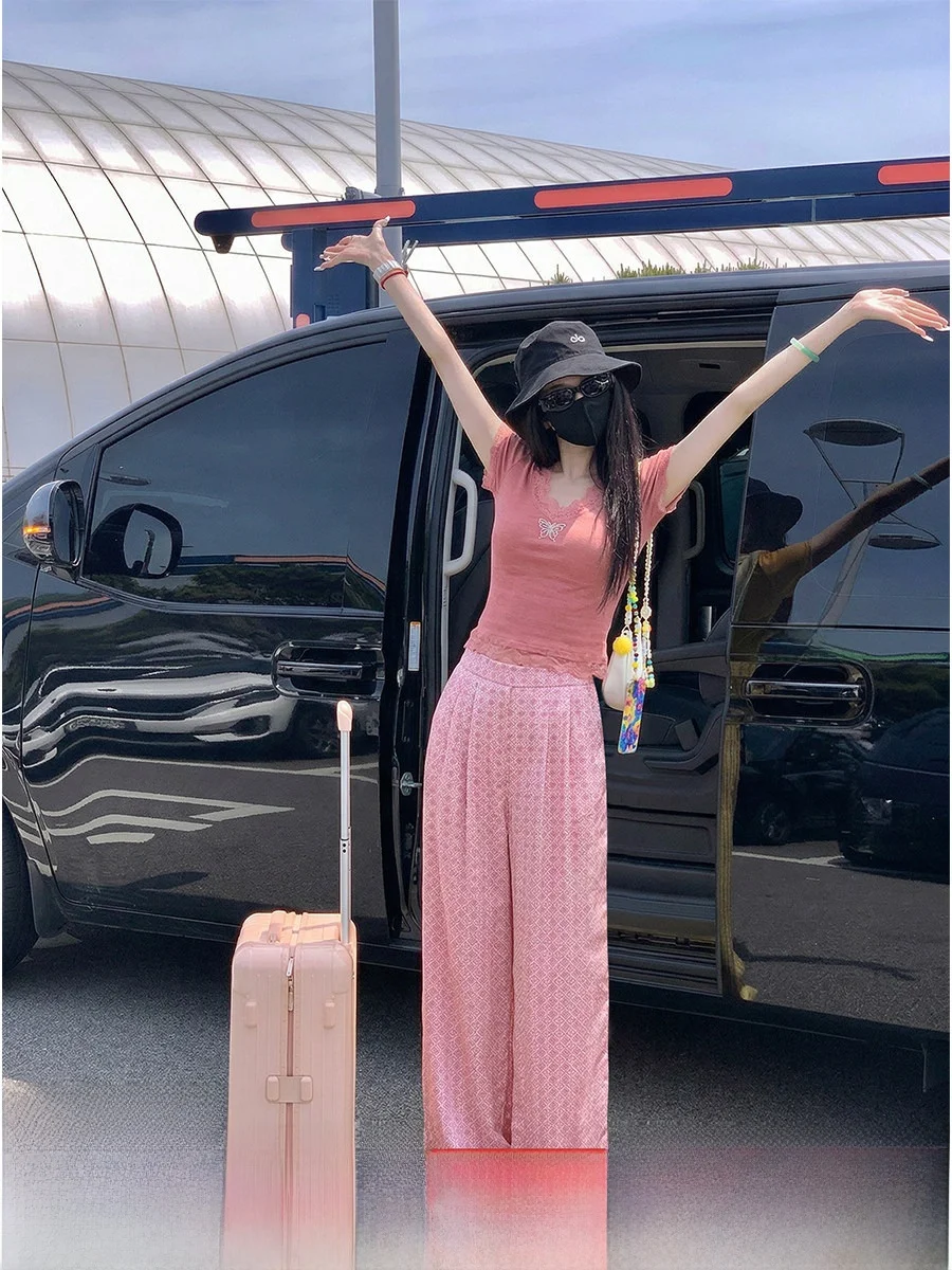 

Syqiao Summer Lazy Straight Leg Lace Trim Silk Tang Pattern Wide Leg Long Pants Women Casual Style Natural Waist Zipper Fly