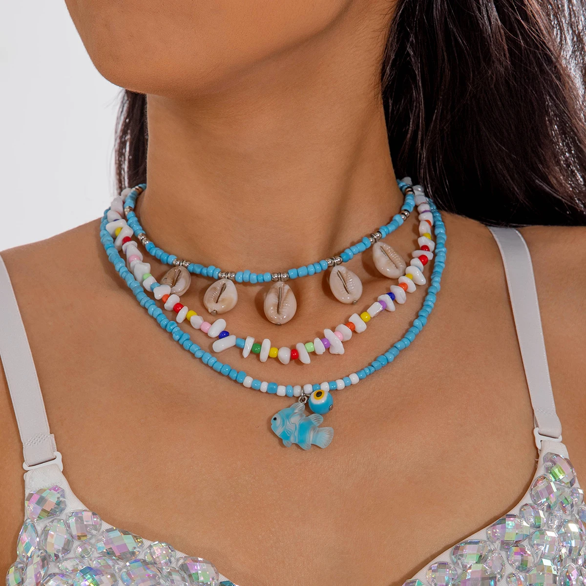Docona Bohemia Multicolour Bead Shell Pendant Necklace for Women Fashion Summer Adjustable Geometric Jewelry Holiday Beach Gift