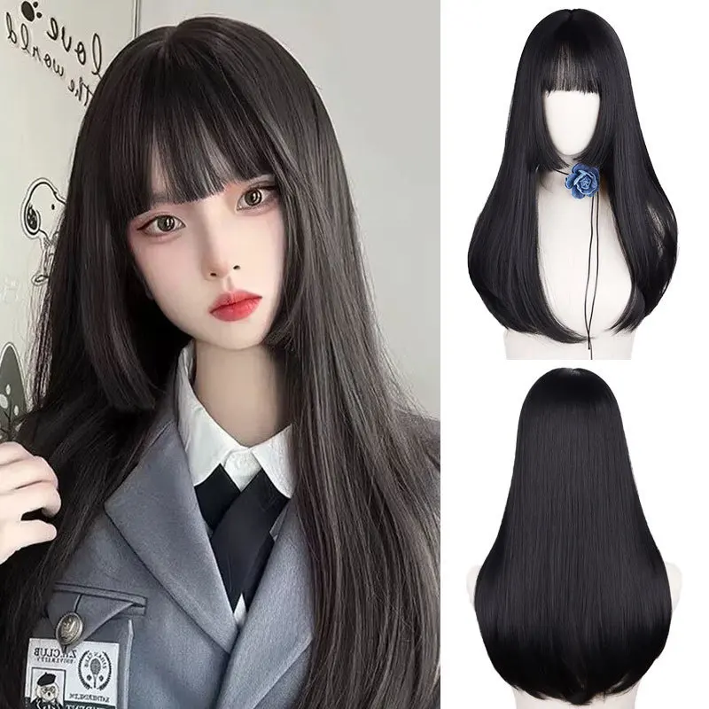 

Princess cut long straight hair natural black inner buckle Douyin temperament face trimming air bangs whole top full headgear Qi