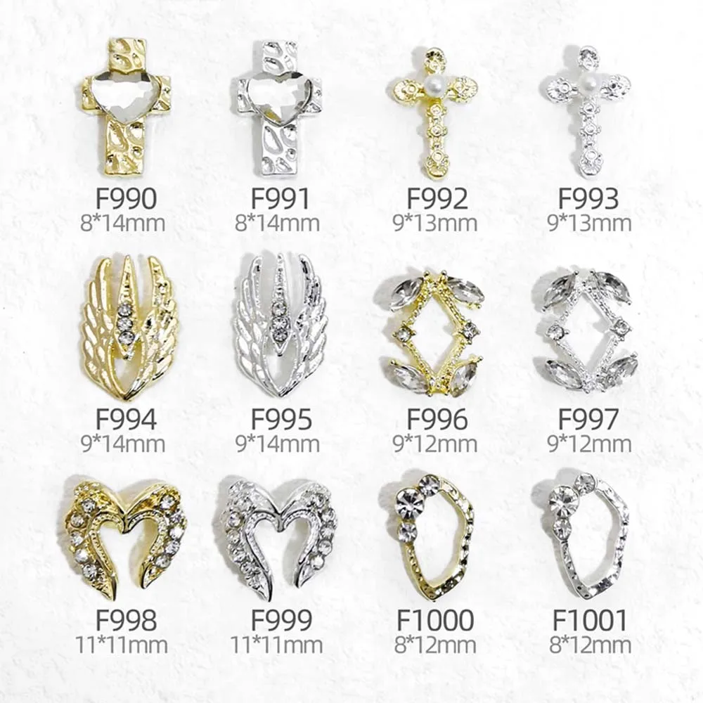 

10Pcs/lot 3D Heart Wings Cross Nail Art Charms Alloy Gold/Silver Rhinestone Metal Luxury Parts 10mm Nail Jewelry Decorations