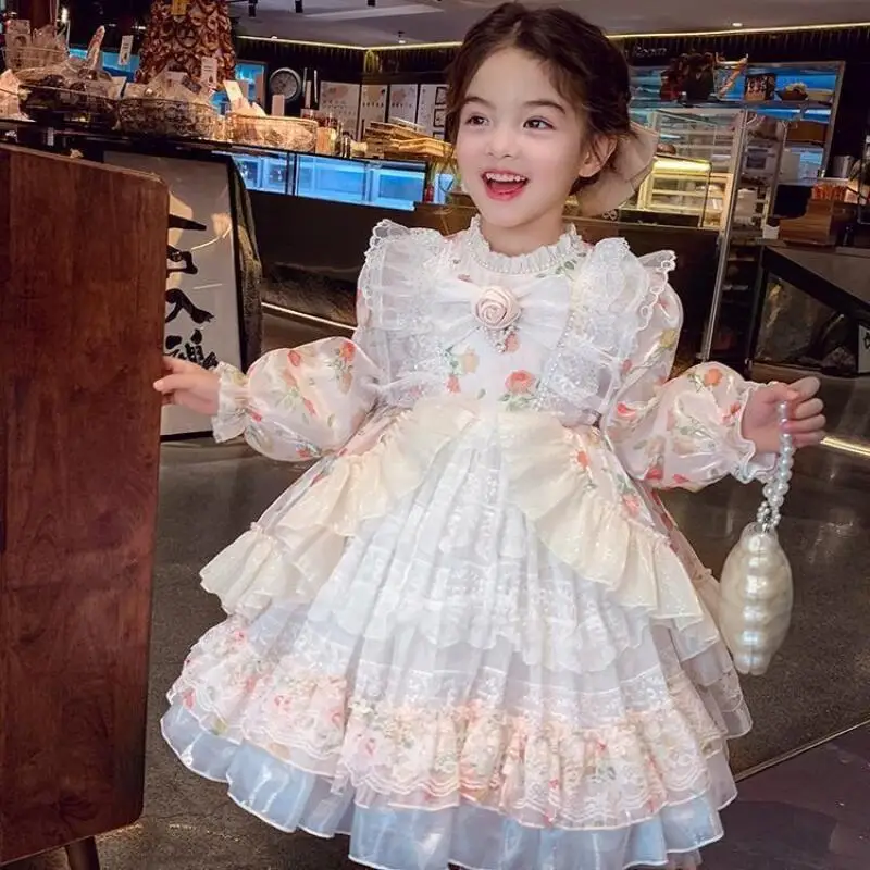 Spring Autumn Girl Princess Dress Bow Lace Sweet Cute Puff Skirt Lolita Dress Holiday Gathering Evening Dress Birthday Gift