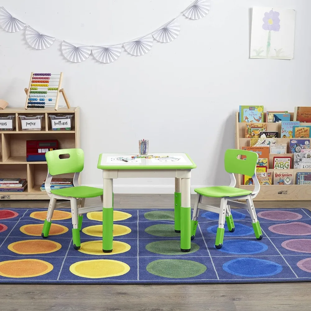 Table Dry-Erase Square Activity  with 2 Chairs, Adjustable Kids Furniture Grassy Green 3-Piece, 28.5 x 28.3 x 5.1 inches Table