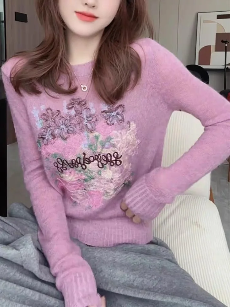 Embroidery Vintage Sweater Knit Women 2025 Spring Stylish Chic Elegant Ladies Pullover Tops Round Neck Jumpers Pastel Clothes