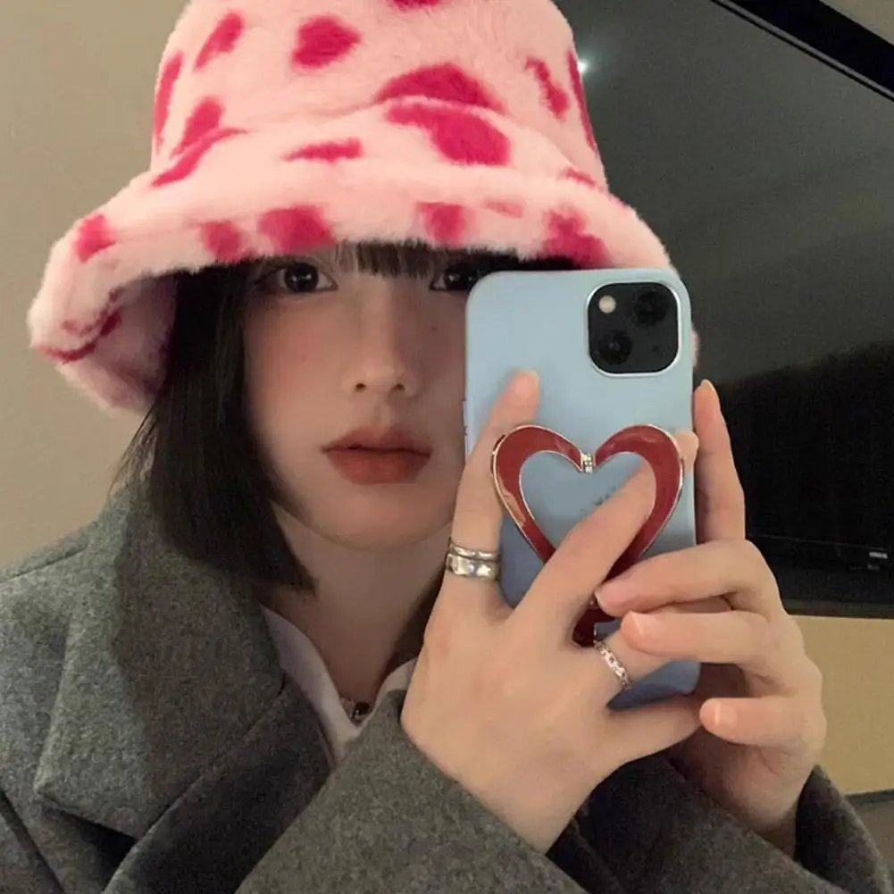 Women's Korean Pink Wool Bucket Hat Thickened Warm Love Heart Basin Hat Ins Caring Plush Fisherman Hat Autumn/Winter