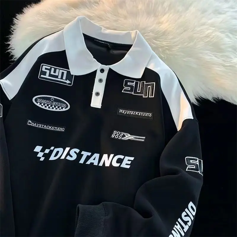 American retro national fashion brand, black and white spliced lapel sweatshir niche high street racing suit jacket y2k ins emo