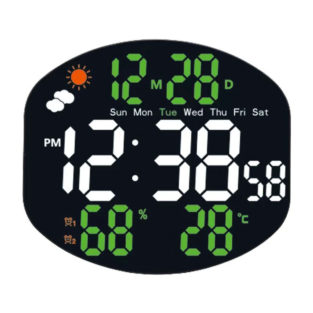 Wall Mounted Electronic Clock with Large LED Display Shows Time Date Weather Conditions and Humidity with Dual Alarms