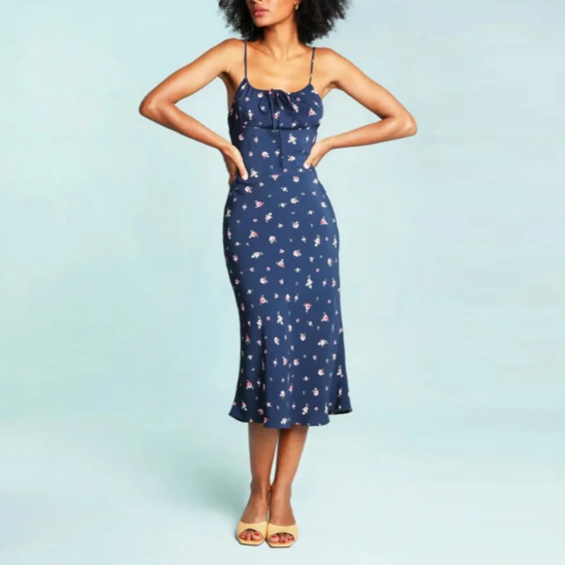 

French Lady Sleevless Suspender Holiday Lace-up Long Robes Women Floral Midi Dress for Spring Summer