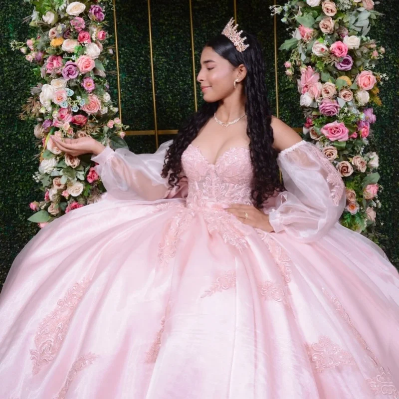 

Pink Quinceanera Dress Lace crystal Tull sequins flower decal vestidos de 15 Quinceanera ﻿Customized