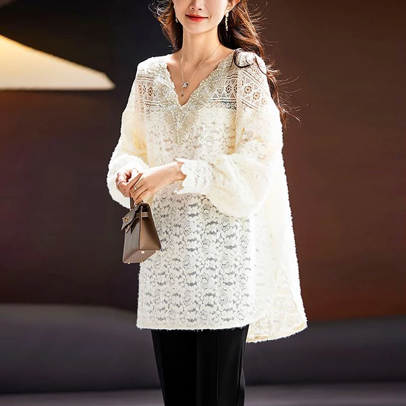 Spring Autumn V-neck Elegant Fashion Beading Lace Shirt Ladies Long Sleeve Oversized Pullovers Women Loose Casual Frosted Blouse